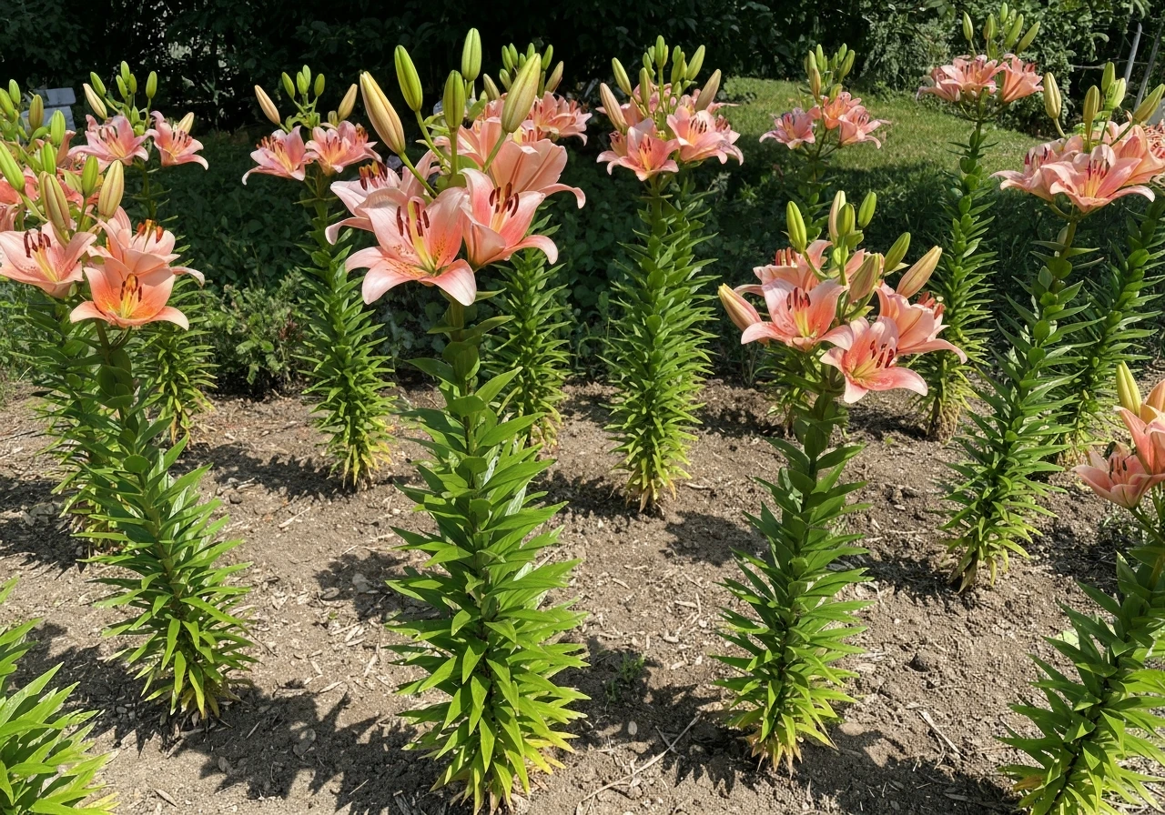 Sunlit garden bed with tall healthy Asiatic lilies, showing mature height and leafy spread.