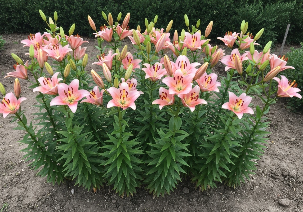 Mature clump of Asiatic lilies in a garden, showing typical 2–4 ft height and clump width.