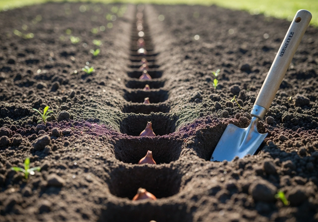 Garden bed with soil-ready spots showing evenly spaced lily bulbs about 12 inches apart