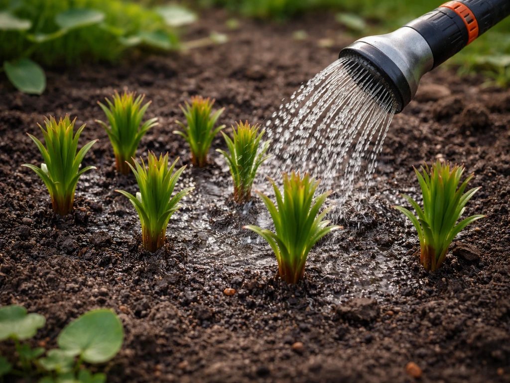 Asiatic lily shoots being gently watered at soil level, no pooling, early spring garden bed