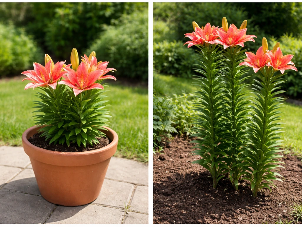 Asiatic lily blooms: shorter potted plants beside taller ground-grown lilies in a garden border.