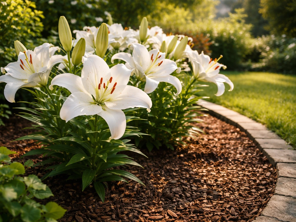 Casablanca lily blooms in a well-draining flower bed with mulch in bright sun to partial shade.
