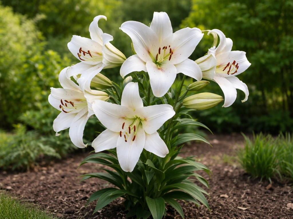 Adult Casablanca lily in bloom with large white upward-facing flowers and upright stems in a garden.