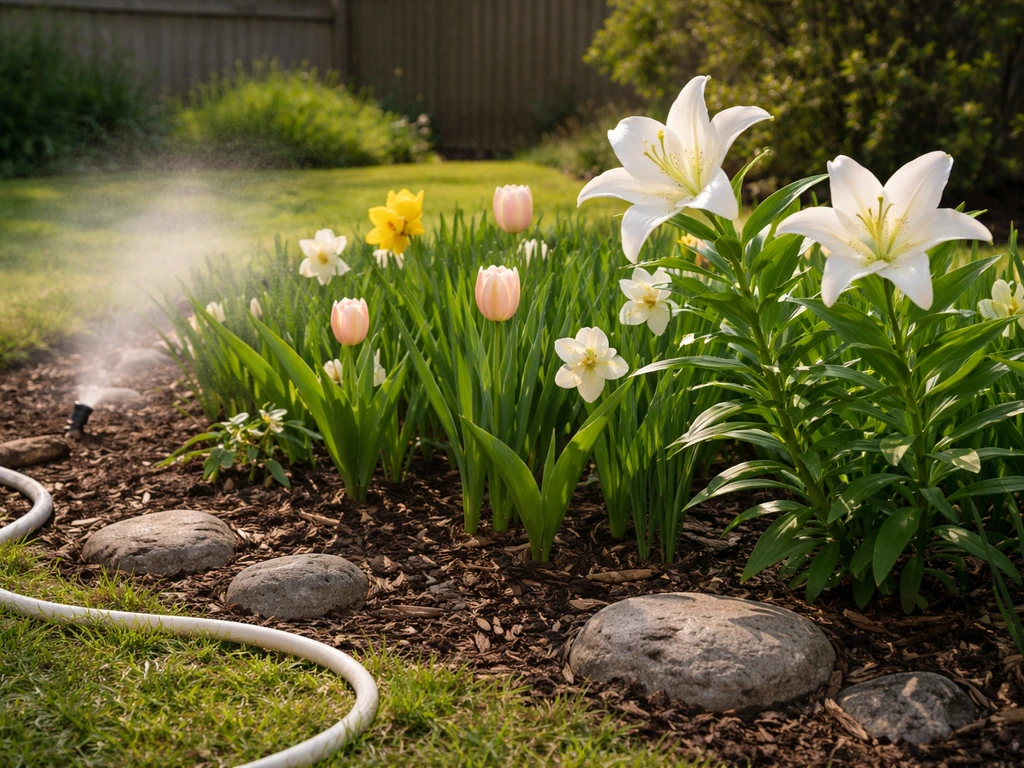 Sunlit flower bed with hardy bulb plants and subtle cool mist suggesting comfortable, workable temperatures.