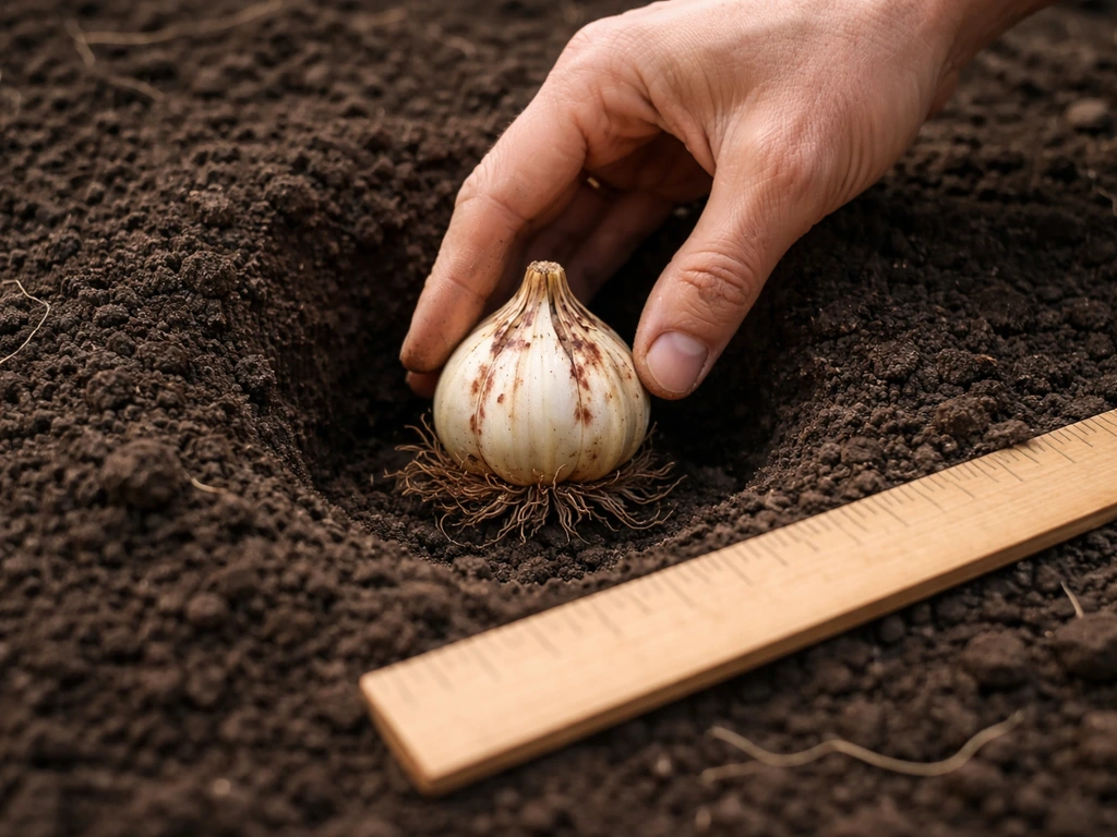 Casablanca lily bulbs being planted in amended soil with a ruler showing correct planting depth.