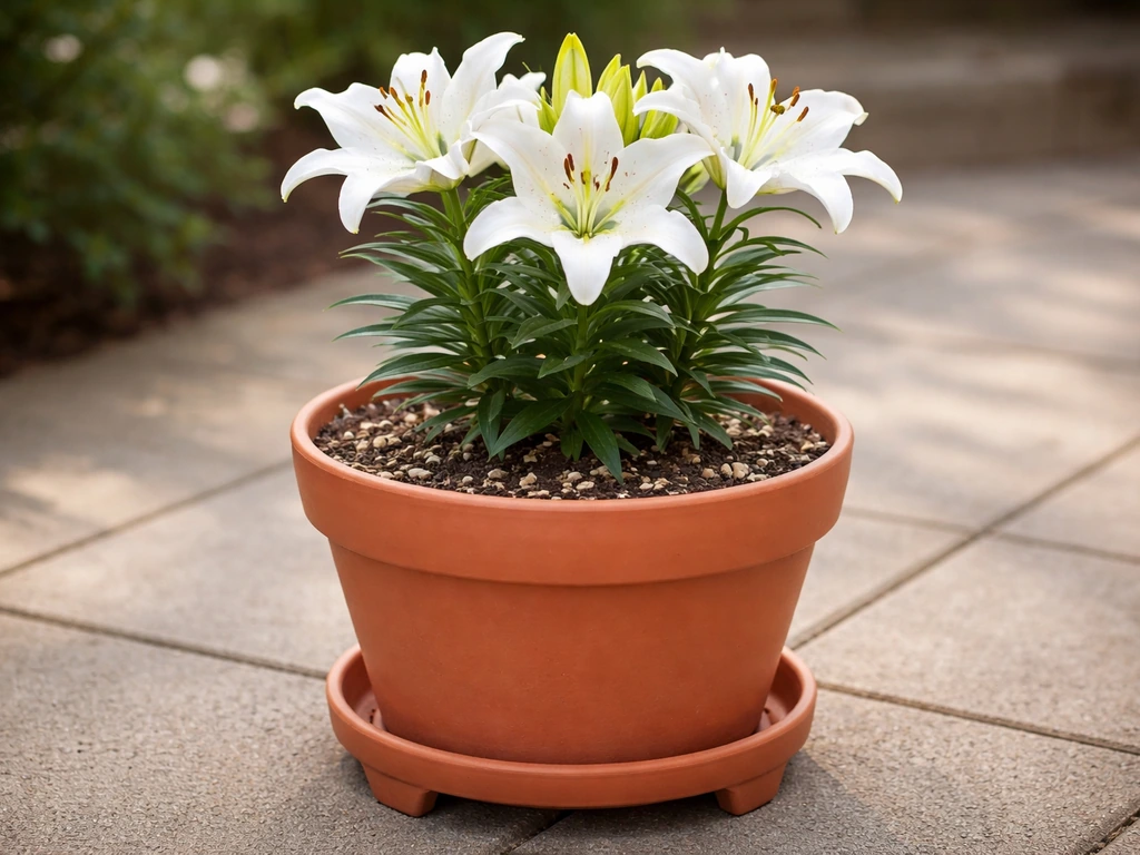 Container-grown Casablanca lilies in a lifted pot with visible drainage holes and a saucer to prevent waterlogging.