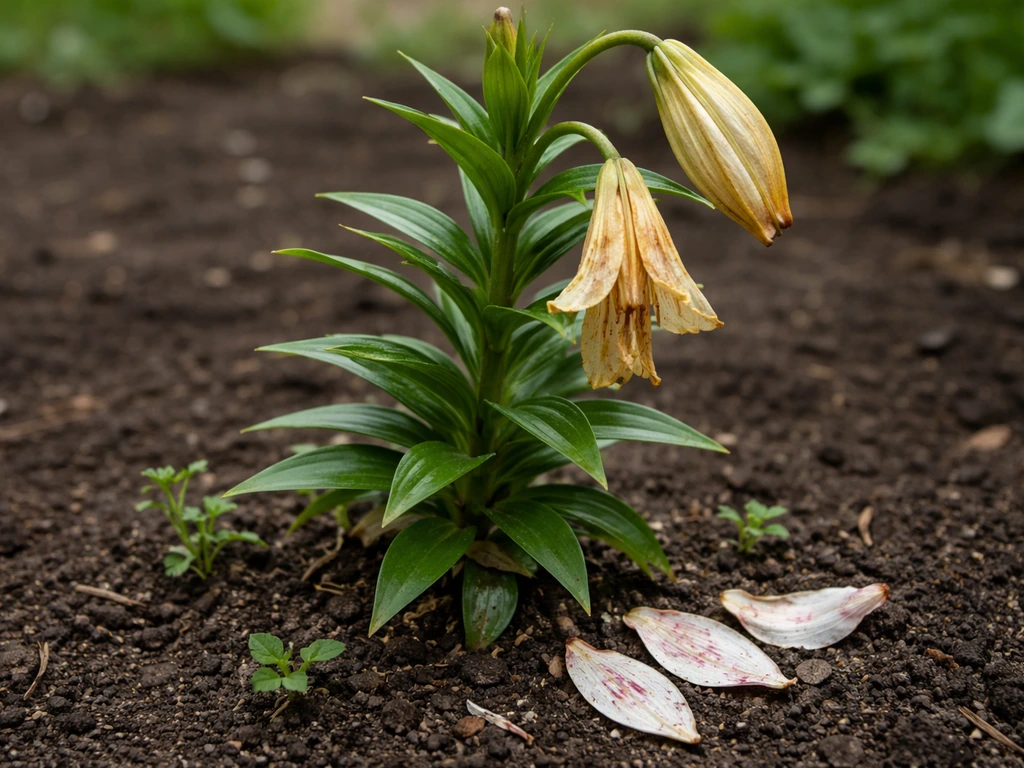 True lily with faded blooms and fallen petals, healthy green stem in a simple garden bed.
