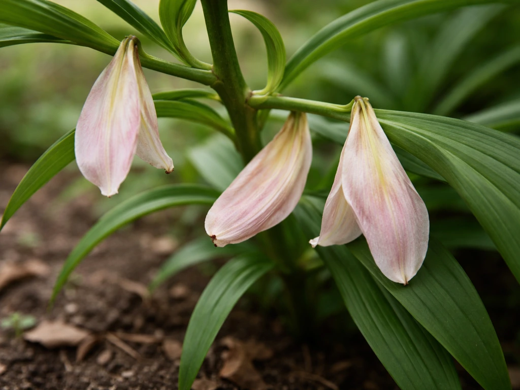 Close-up of a lily stem with fading petals and green leaves, with blurred soil suggesting life below.