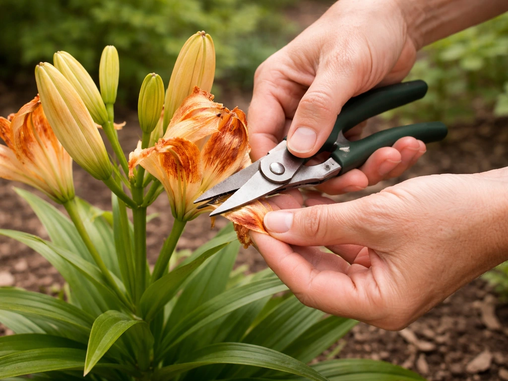 Gardener’s hands snipping a spent lily flower head, leaving green stem and leaves intact.