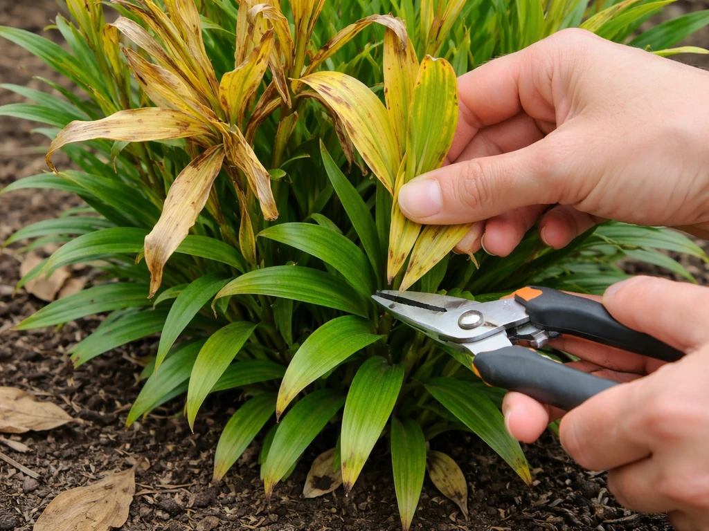 Yellowing lily foliage with gardener’s scissors lifting a leaf cluster above healthy green growth.