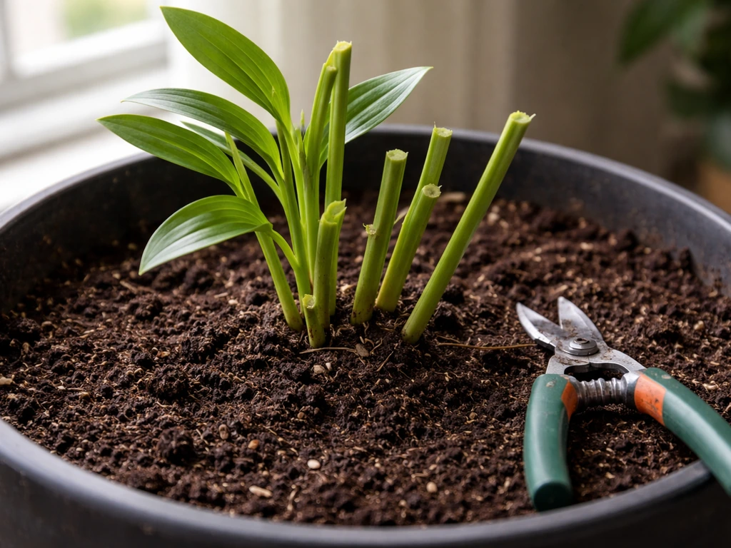 Potted lily with trimmed foliage and cut stems, garden pruners nearby, showing premature cutting stress.