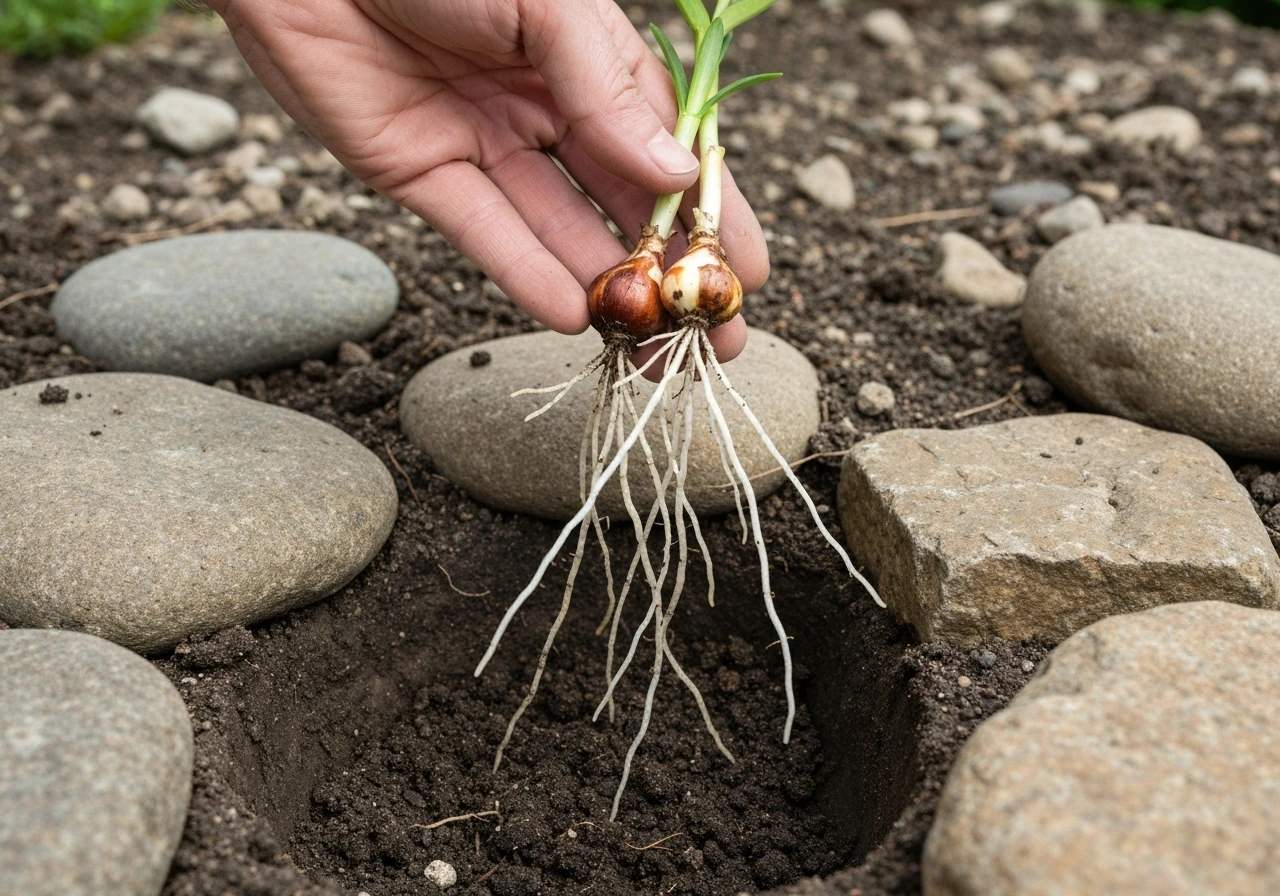 Close-up of lily bulb roots in loose soil between rocks, showing roots in gaps not breaking stone.