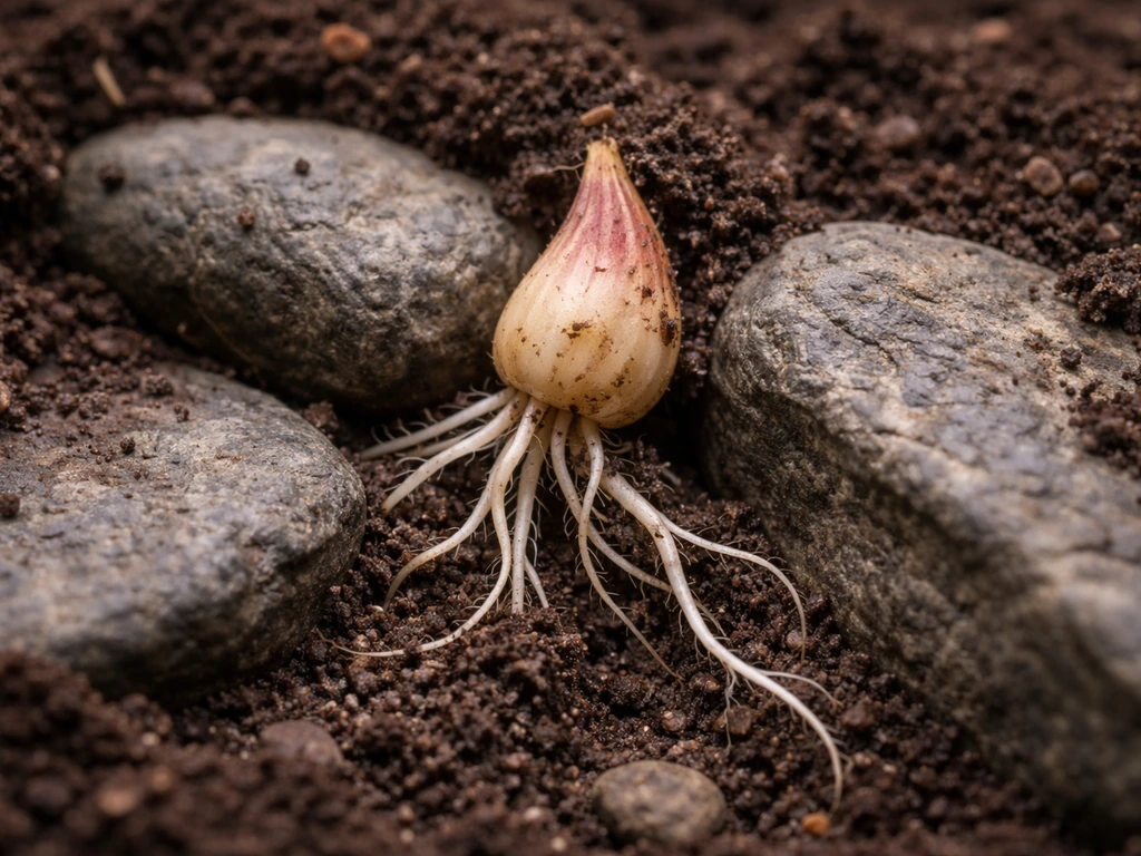 Close-up of lily-like bulbs and roots weaving through small soil gaps beside flat rocks