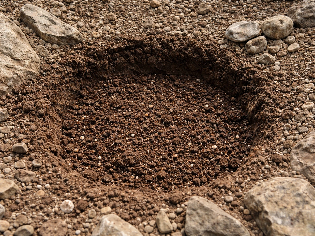 Prepared planting pocket in rocky ground filled with loose, well-draining soil mix for lilies