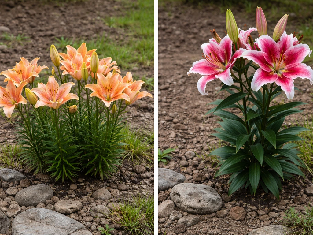 Two lily types growing side-by-side in rocky soil, showing compact and taller blooms.