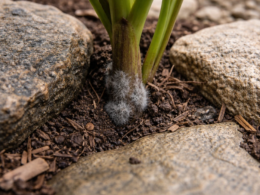 Close-up of lily stems near rocky bed showing gray fuzzy botrytis risk beside healthier damp-drying conditions
