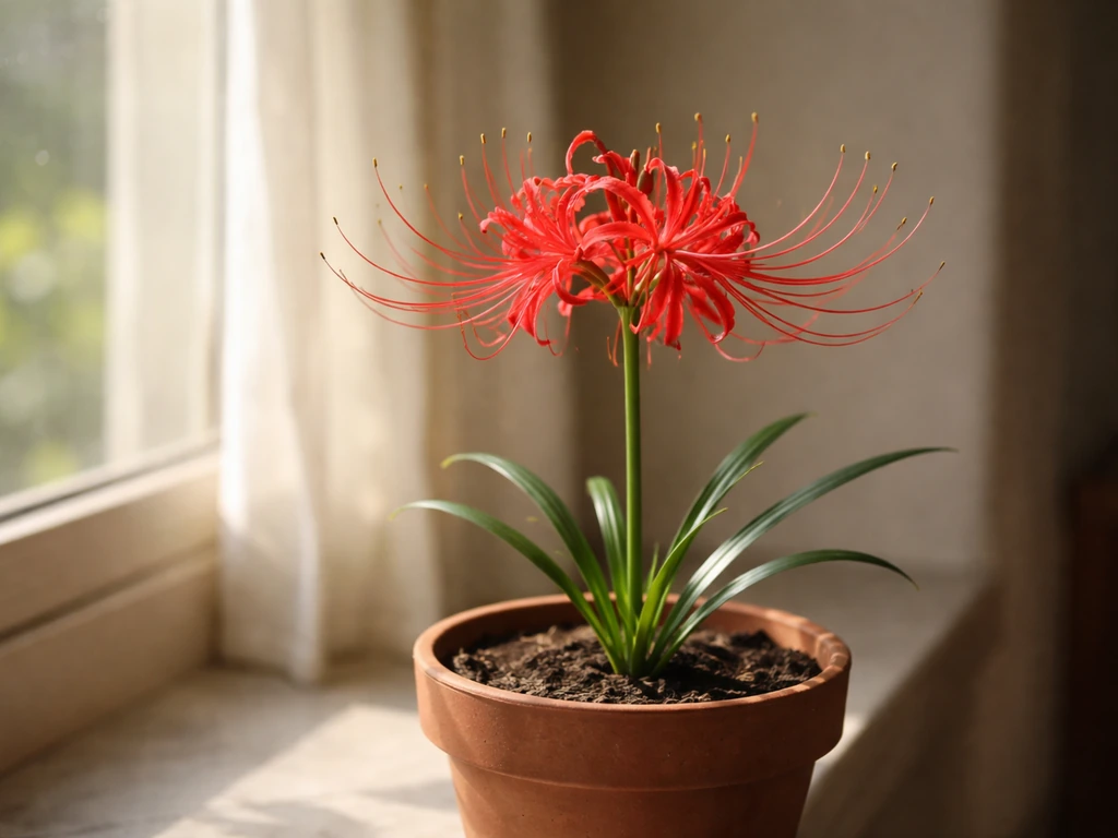Indoor red spider lily blooming in a terracotta pot on a bright windowsill.