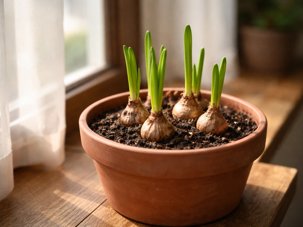 Red spider lily bulbs with fresh green foliage emerging in a bright indoor pot by a window.