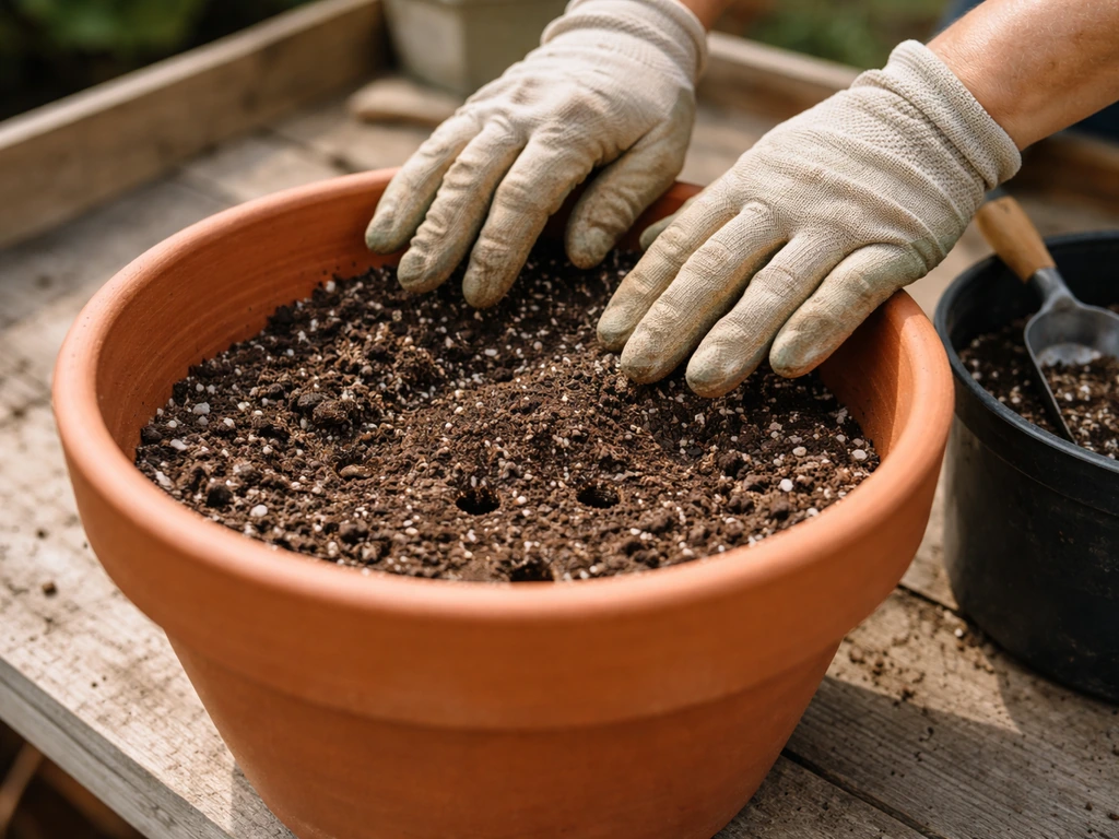 Hands placing a bulb-ready growing mix into a deep pot with drainage holes and clean soil on a bench.