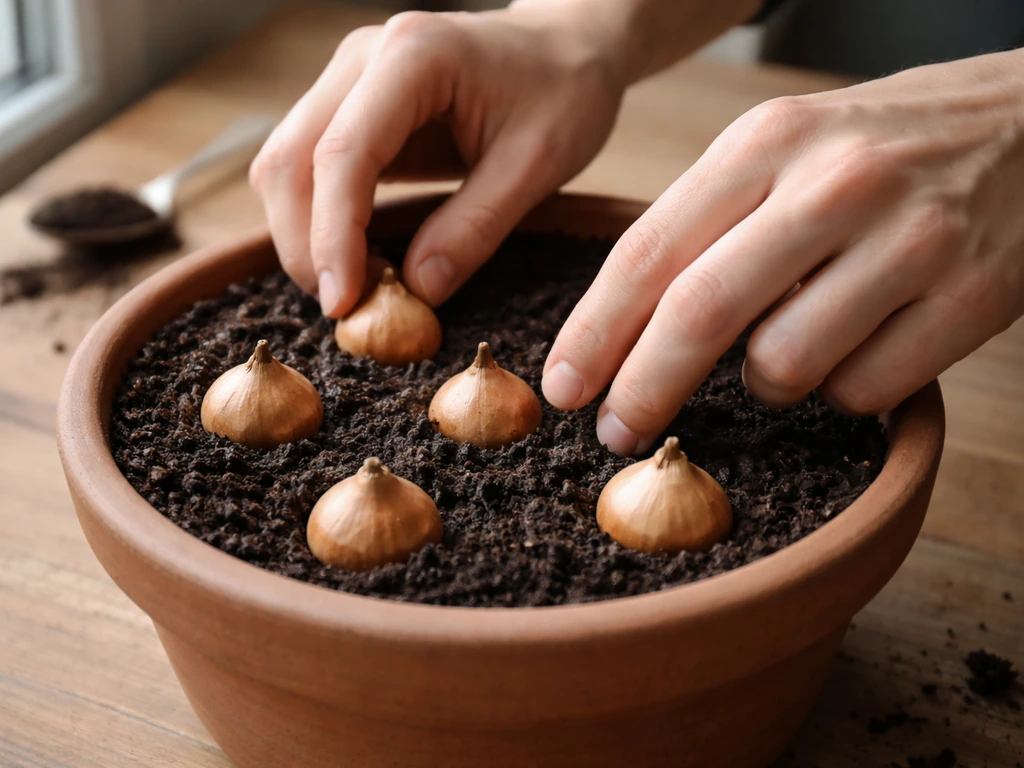 Hands placing an onionlike bulb in a pot with soil, showing the correct neck depth and spacing