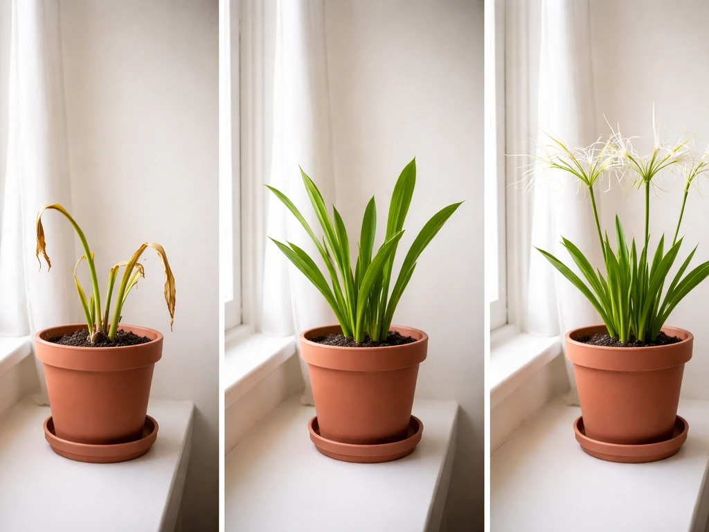 Three-panel windowsill sequence of indoor spider lily from dormant leaves to new growth to white blooms.