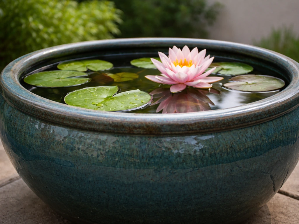 Hardy water lily in a large bowl on a patio with visible waterline and green leaves.