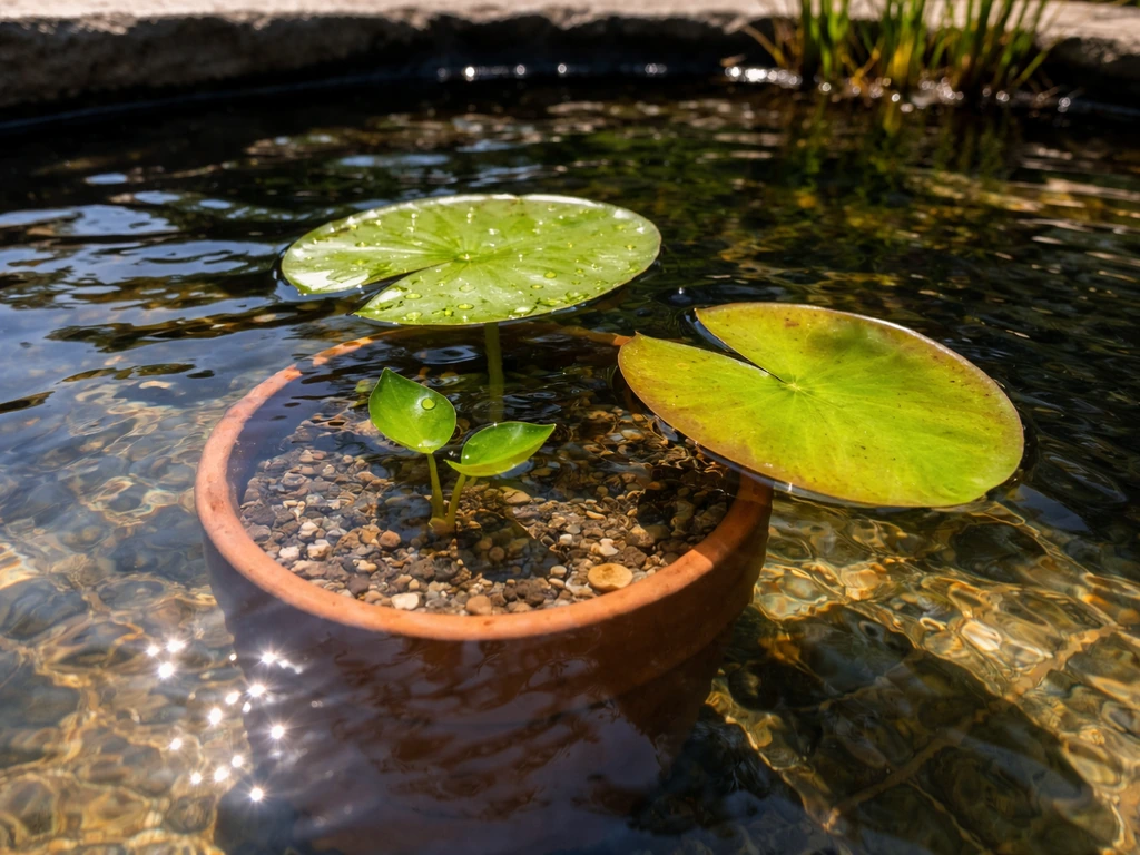 Water lily pond scene showing direct sunlight on the water and a submerged pot for proper depth.