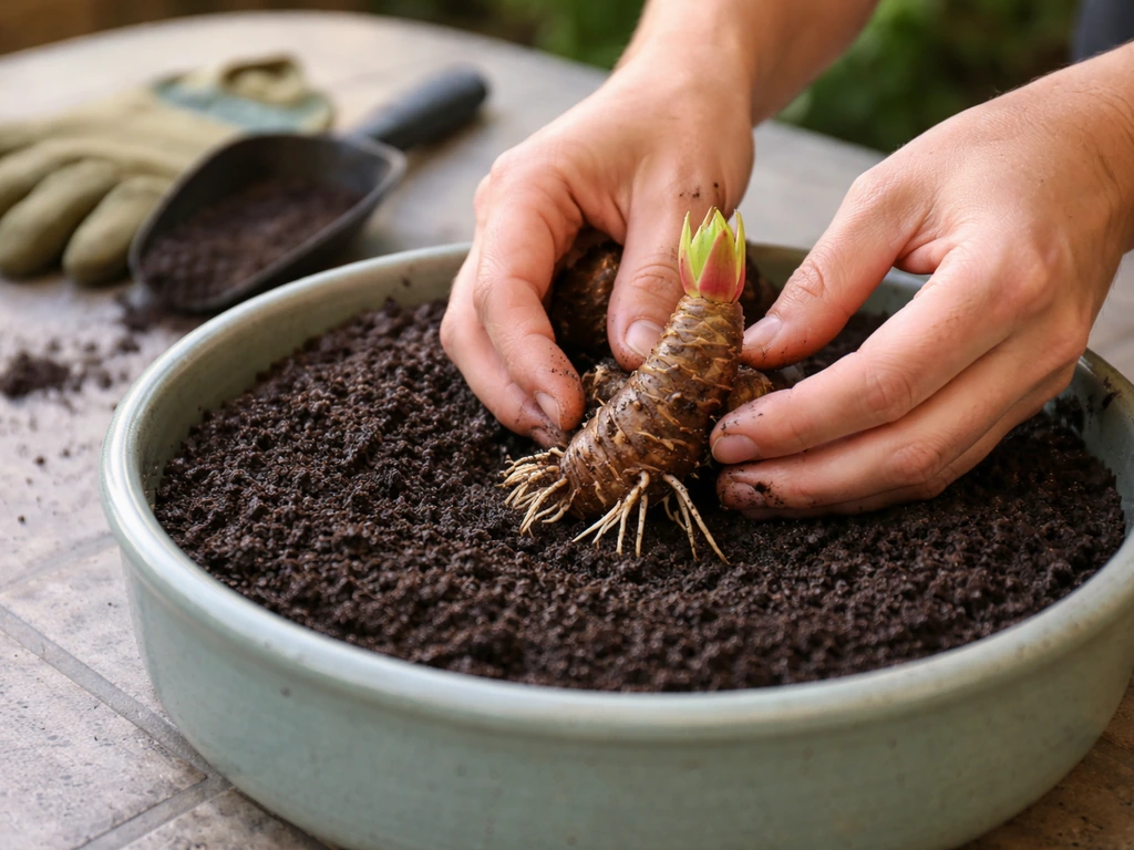 Hands placing a water lily rhizome into heavy loam in a water-filled pot for proper submergence.