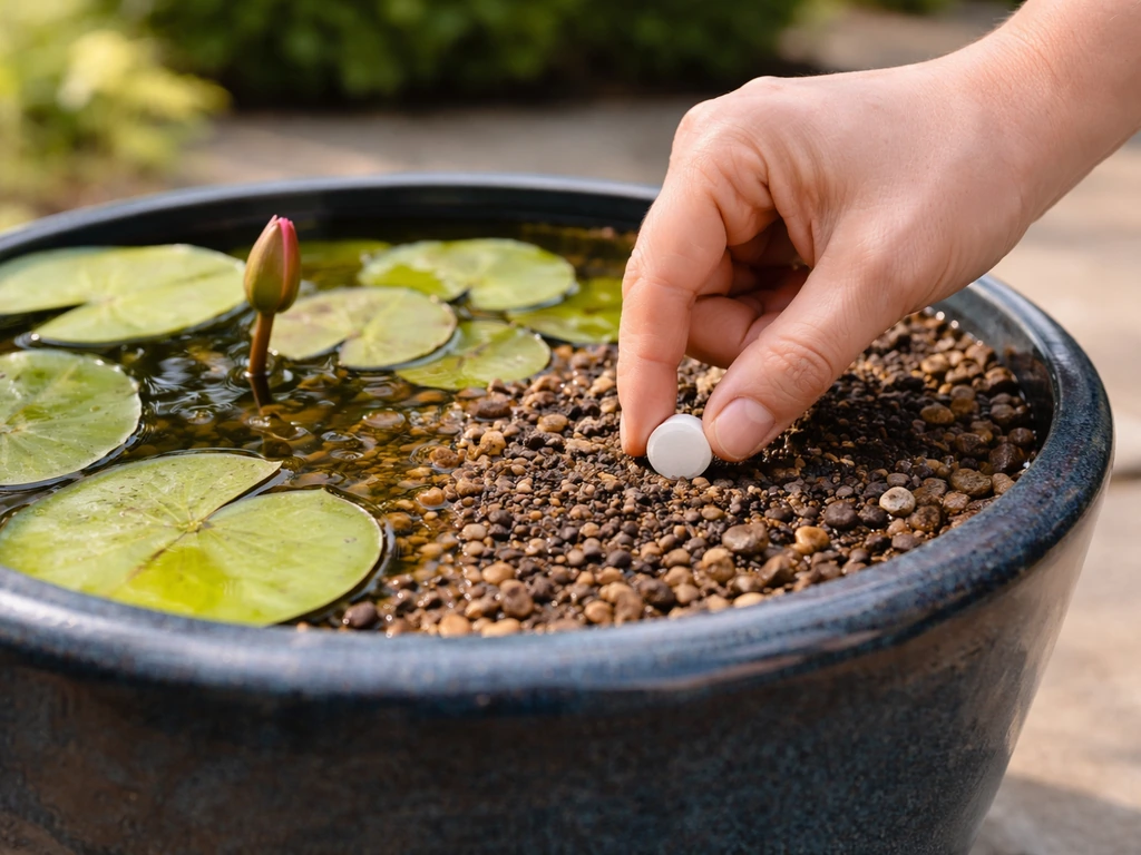 Close-up of placing a slow-release fertilizer tablet into a water lily pot’s soil media.