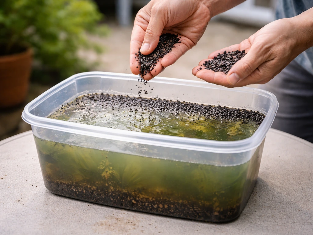 Gardener topping a small aquarium-like pot with gravel to help clear cloudy green water
