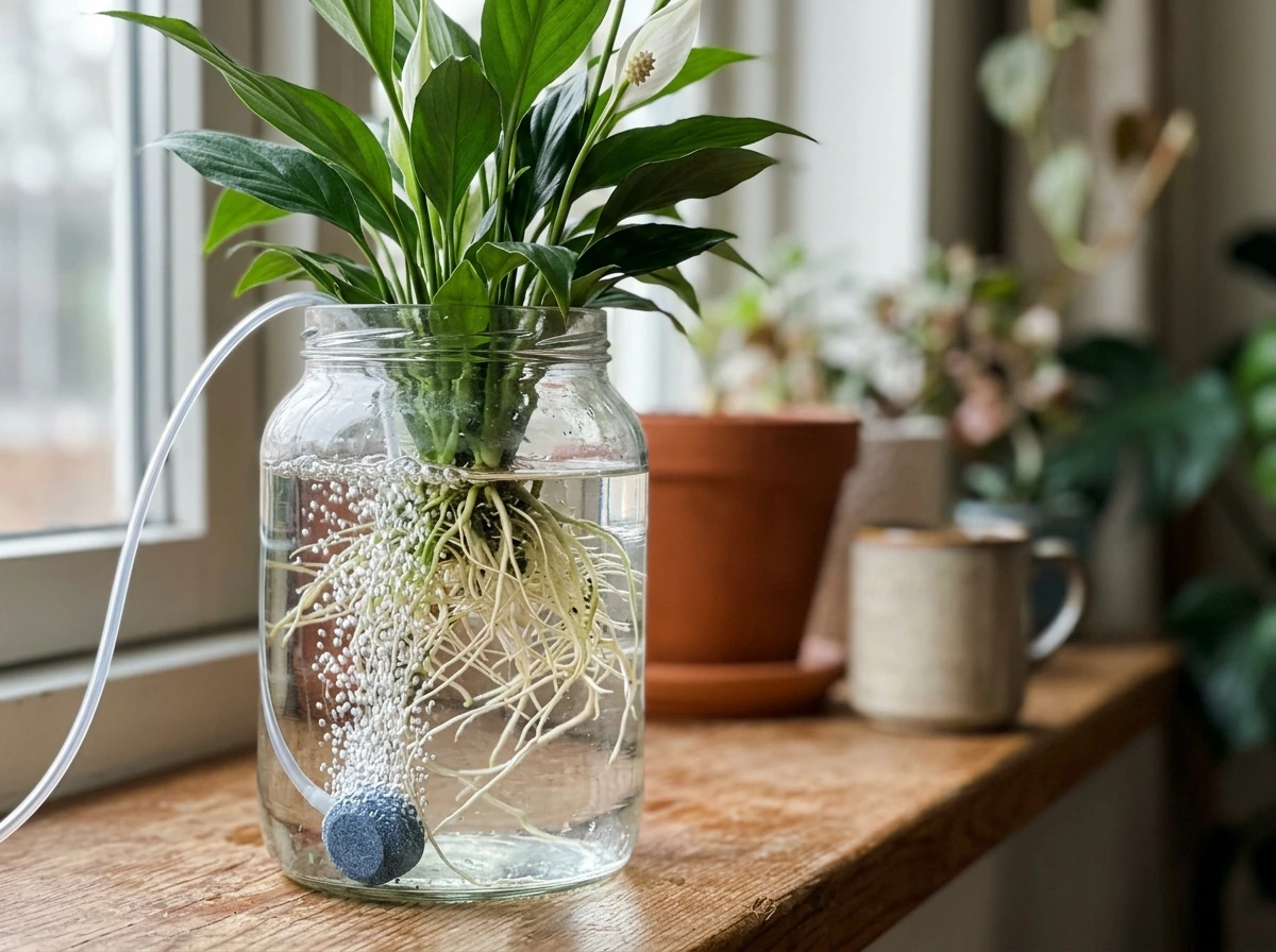 Small air stone and bubbler providing oxygen in water culture