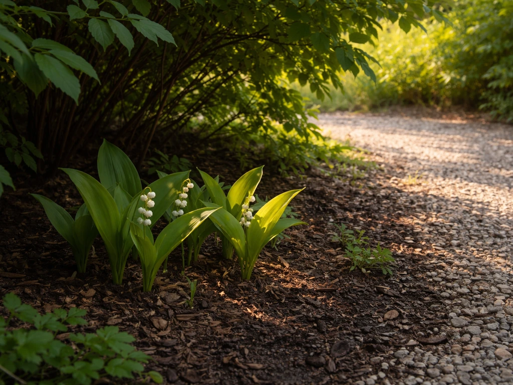 Shaded lily of the valley planting spot under shrubs with moist soil and leaf shadows, avoiding nearby sun.