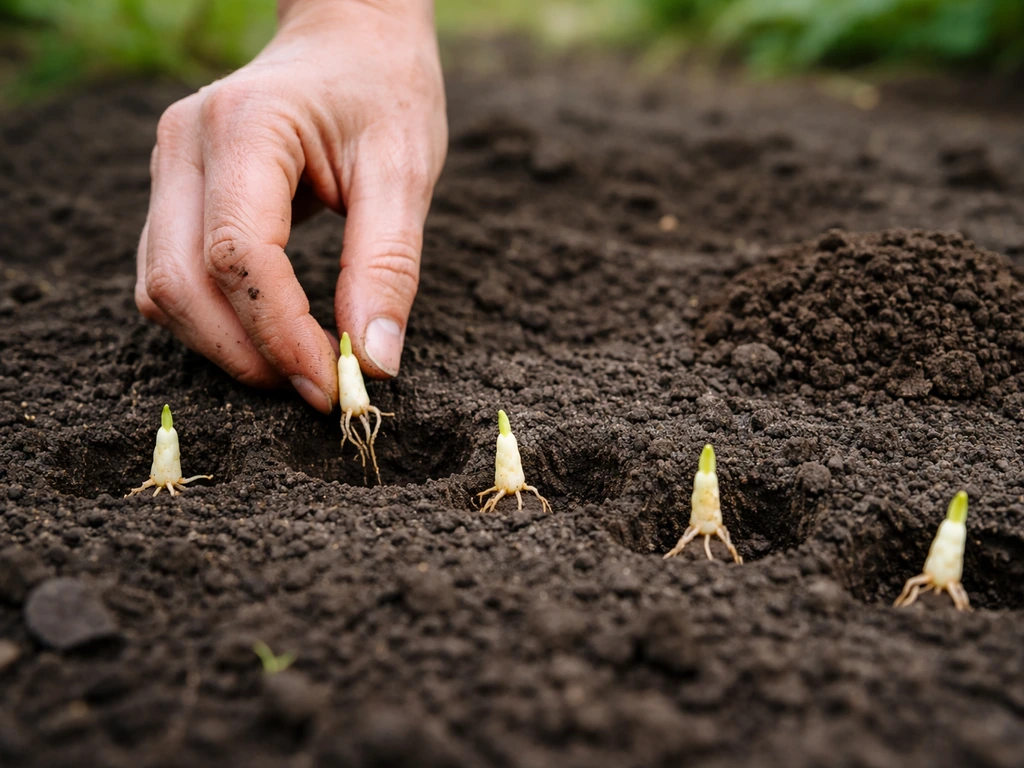 Hands placing lily of the valley rhizome pips into shallow spaced holes in cool soil.