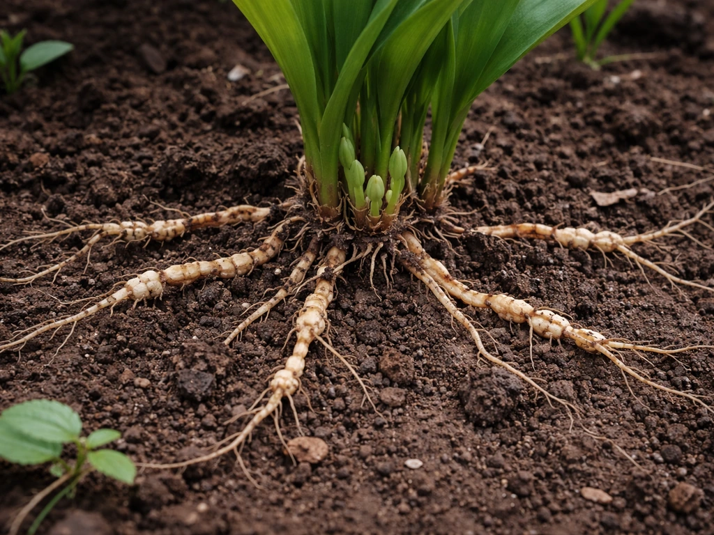 Close-up of lily-of-the-valley plant base with light soil showing creeping rhizomes spreading outward