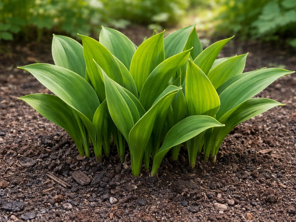 Healthy lily of the valley leaves in a small clump, with no flowers visible, in dappled shade.