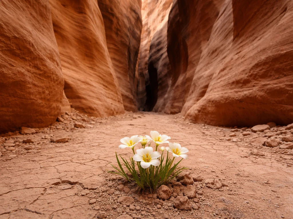 Sego lilies blooming from dry ground inside a narrow sandstone desert slot canyon.