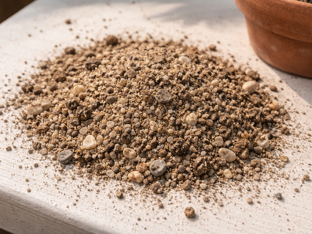 Close-up of coarse sand, pea gravel, and light alluvial loam soil mix showing gritty drainage texture.