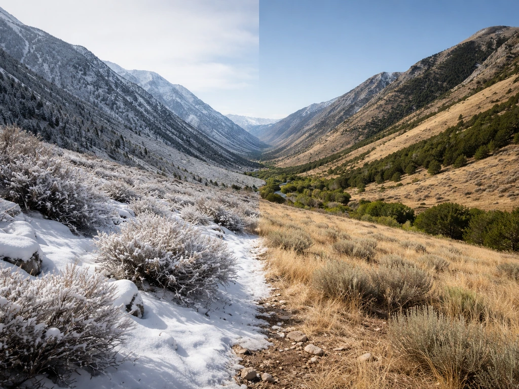 Snowy mountain foreground and dry, sunlit hills in a single calm landscape showing winter-to-summer contrast.