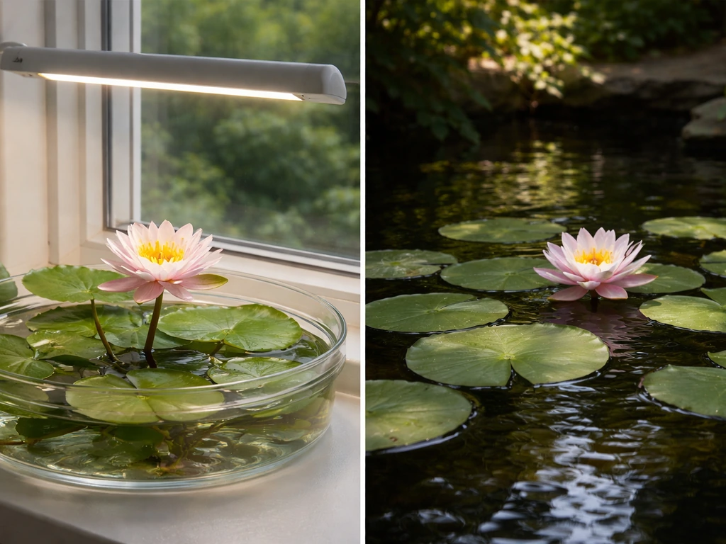 Water lily blooms indoors under a grow light and outdoors in shaded low-light conditions.