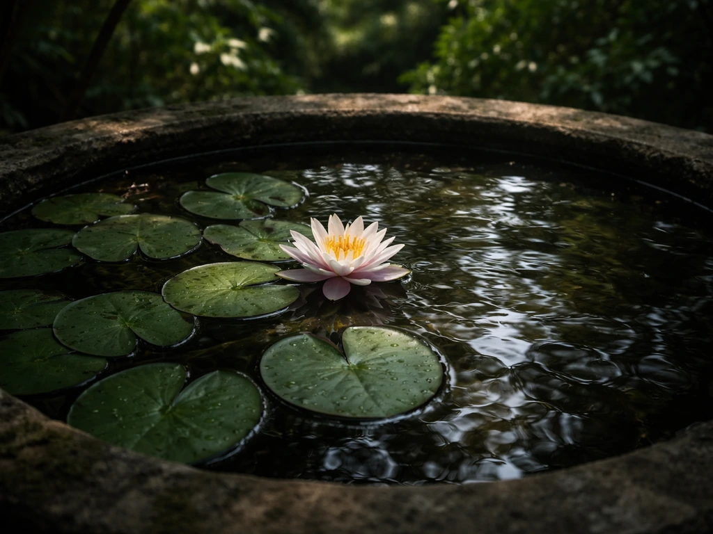 Blooming water lily in a shaded outdoor pond under a tree canopy
