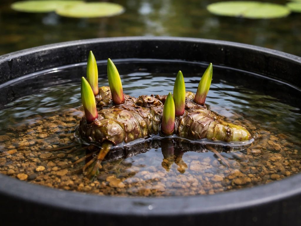 Close-up of a water lily crown sitting at the correct water depth in a pond pot