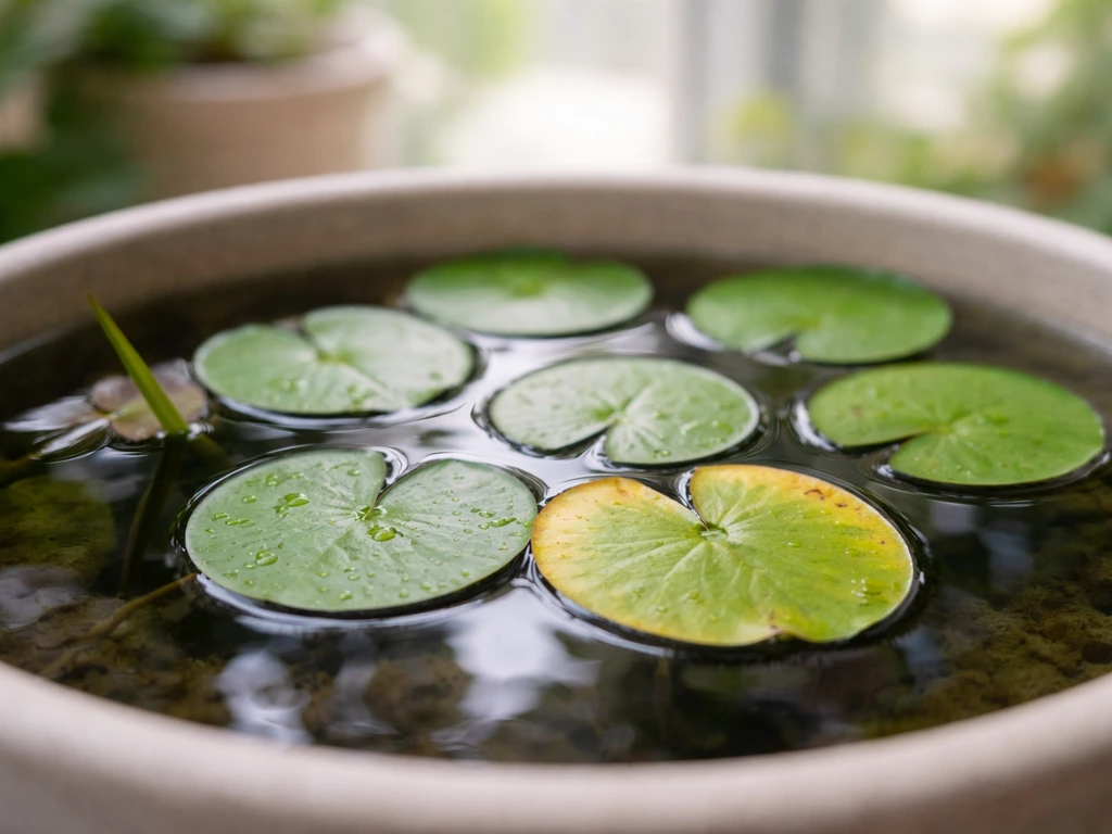 Yellowing water lily pads floating on a calm pond surface in natural light.