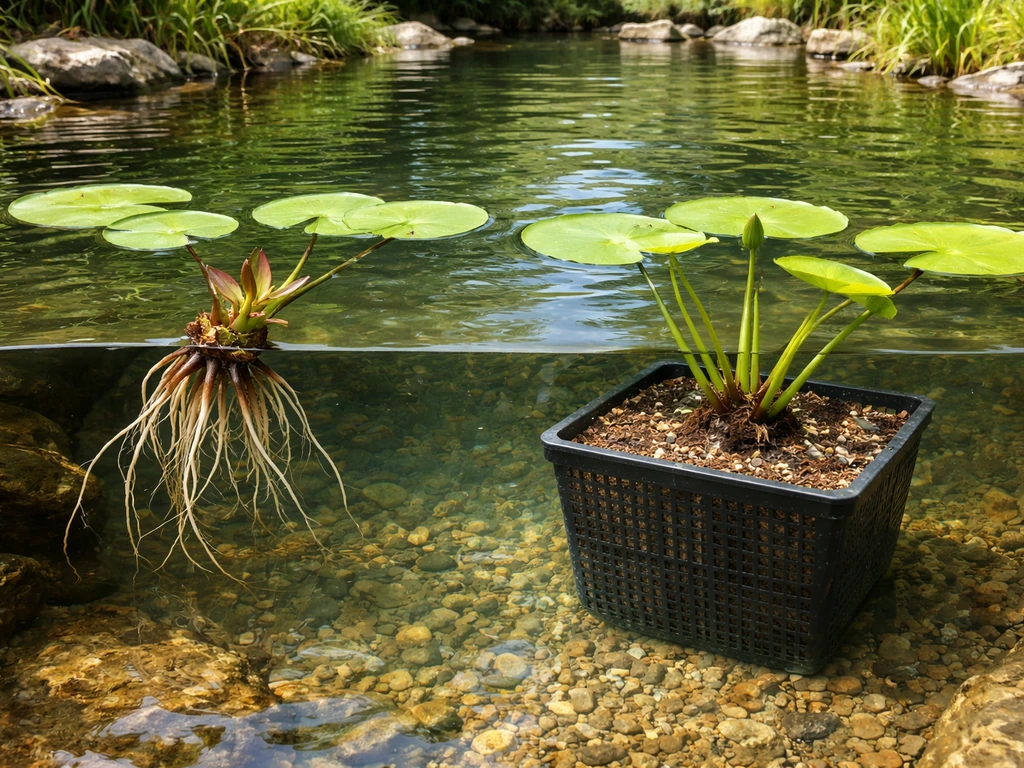 Water lily pond showing bare-root rhizome versus a submerged planting basket with substrate.