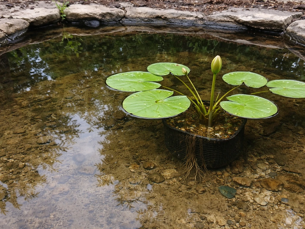 Water lily rooted in a muddy in-ground pond, with basket-like substrate visible at the bottom.