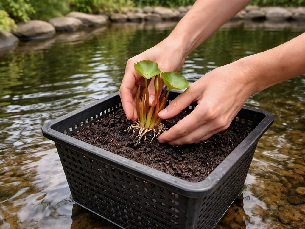 Hands placing a water lily into a perforated planting basket, adjusting depth and waterline in a pond