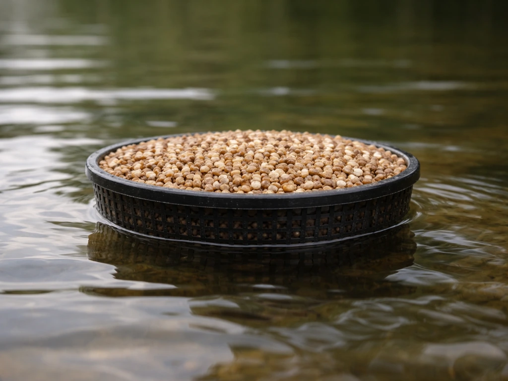 Close-up of a pond planting basket capped with pea gravel, with clearer water around it.