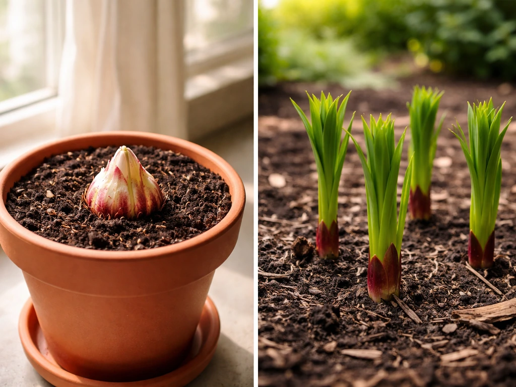 Split scene of an oriental lily bulb in a pot by a bright window and oriental lilies in an outdoor garden bed.