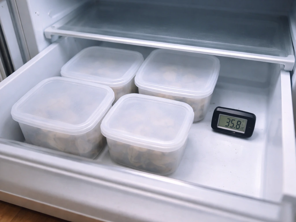 Chilled oriental lily bulbs in covered containers inside a refrigerator drawer with a small thermometer