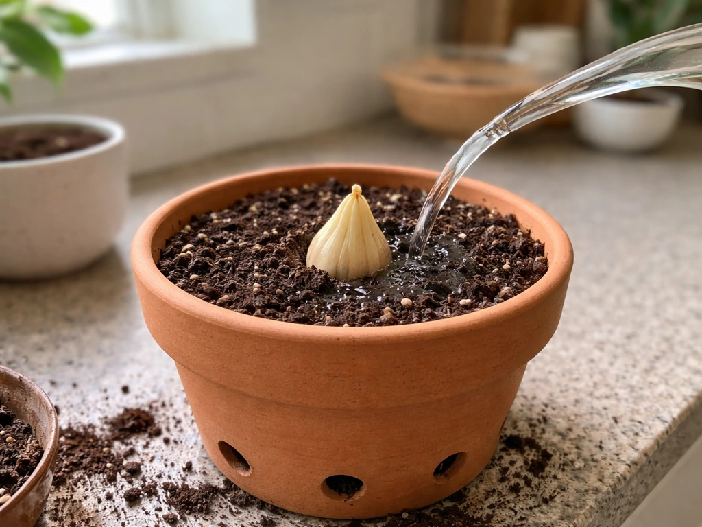 Close-up of an indoor potting setup: lily bulb in airy soil, drainage holes, and watering can soaking mix.
