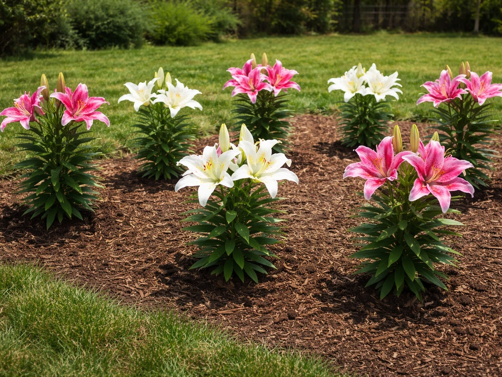 Oriental lilies blooming outdoors in a mulched in-ground bed with visible spacing in full sun.